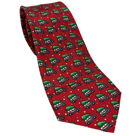 Vineyard Vines Martha's Christmas Woody & Xmas Tree Tie Silk Red men’s/boys 50” - Picture 2 of 5